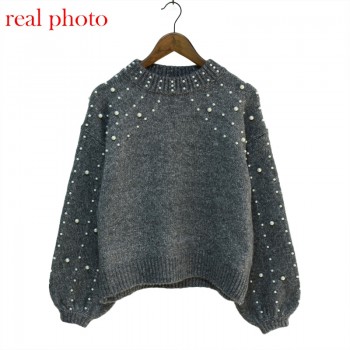 Bead lantern sleeve knitted sweater pullover 